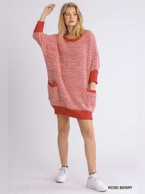 Umgee Rose Berry Knit Mini Dress - Pink and Coral